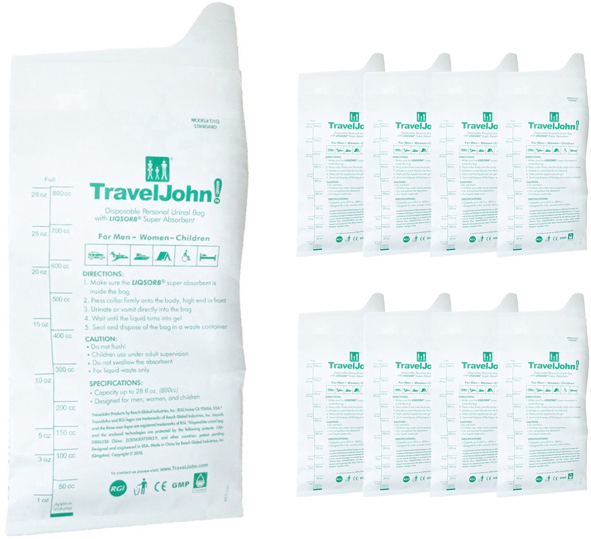 TravelJohn Plaszak - 8 stuks - 800 ml - Lekvrij & Geurloos - Unisex Wegwerp Urinaal - Reis toilet - Noodtoilet - Papier