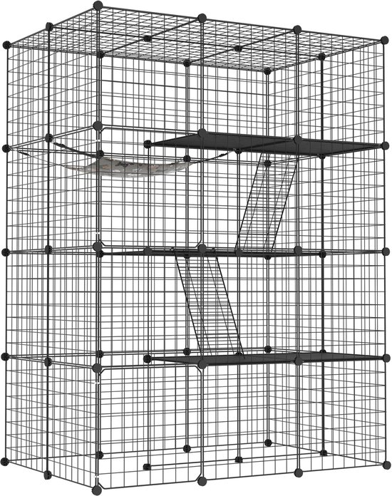 Zwarte metalen kooi voor kleine dieren met drie verdiepingen, ladders en een hangmat met dierenprint.