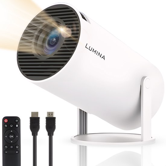 Lumina® Pro Mini Beamer 2025 – Smart Projector met 4K-ondersteuning – WiFi 6 & Bluetooth 5.2 – Voor iOS & Android – Ideaal voor Thuisbioscoop – Wit