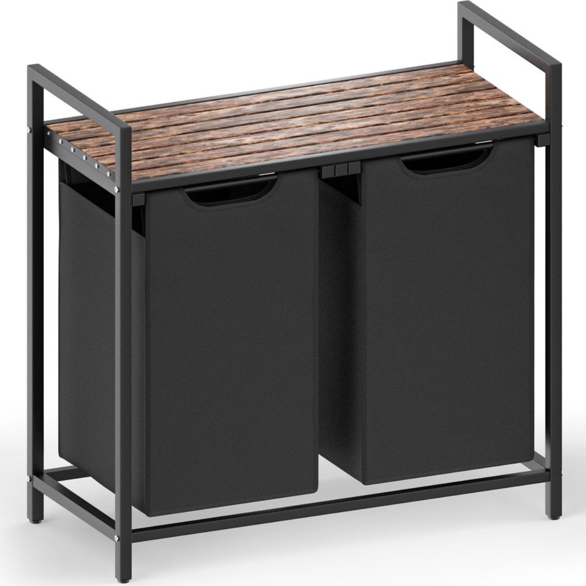 Goedkoopste O'DADDY® Wasmand 2 Vakken – Uitschuifbare Wassorteerder met Plank - 73 x 33 x 72 cm - Wasmanden - Wasbox Metaal - Zwart met Bruin