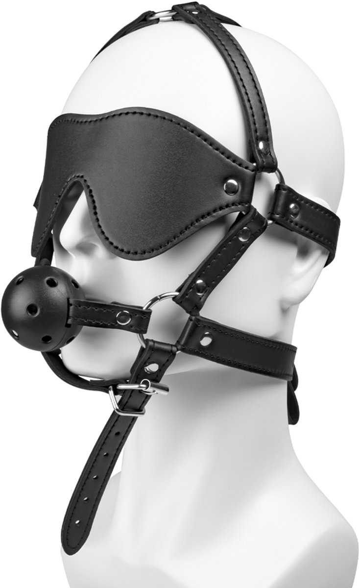 Lederen Bondage Masker met Blinddoek en Ballgag – Verstelbaar Hoofdtuig voor BDSM & Dominantie Spel