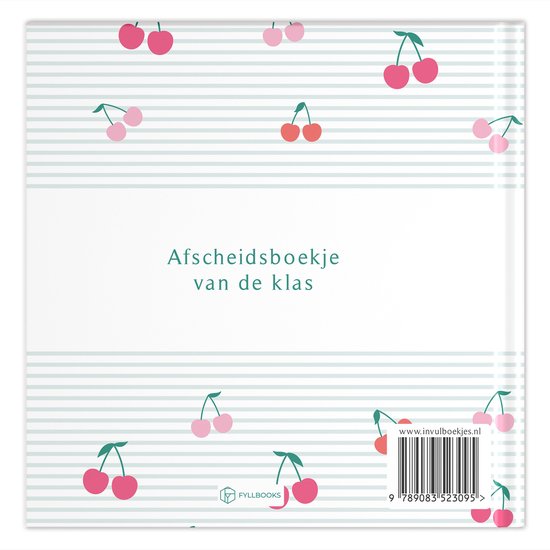 Achterkant van een afscheidsboekje met een mintgroene gestreepte achtergrond en kleine roze en rode kersen. Website en barcode zichtbaar.