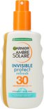 Garnier Ambre Solaire Invisible Protect Refresh zonnebrandspray SPF 30. Witte fles met oranje dop, gele accenten, Aloë Vera en Vitamine E.