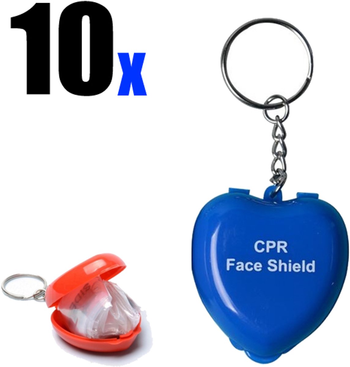 Goedkoopste Set van 10x CPR Masker Sleutelhanger met Wegwerp Beademingsmasker - Kiss of Life Sleutelhanger - Blauw