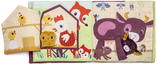 Openklapbaar babyboek met boerderijtafereel, met een geit, kuiken, varken, schaap, paard en vossen.