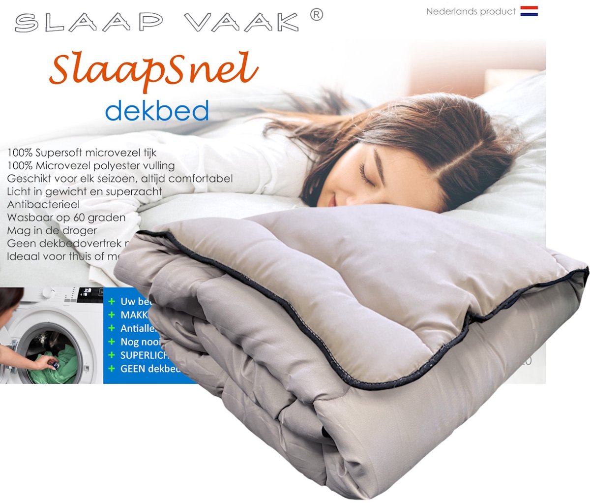 SlaapVaak SlaapSnel Dekbed - Dekbed zonder Overtrek - All Year Dekbed - Hoesloos Dekbed - Anti-Allergisch - Wasbaar - Litsjumeaux - 240x220 cm - Zand