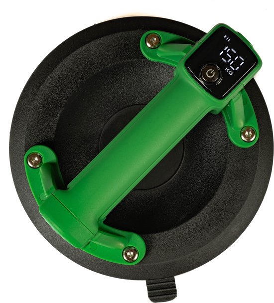 Groene zuignap met digitaal display dat "150 KG" aangeeft, met een aan/uit-knop.