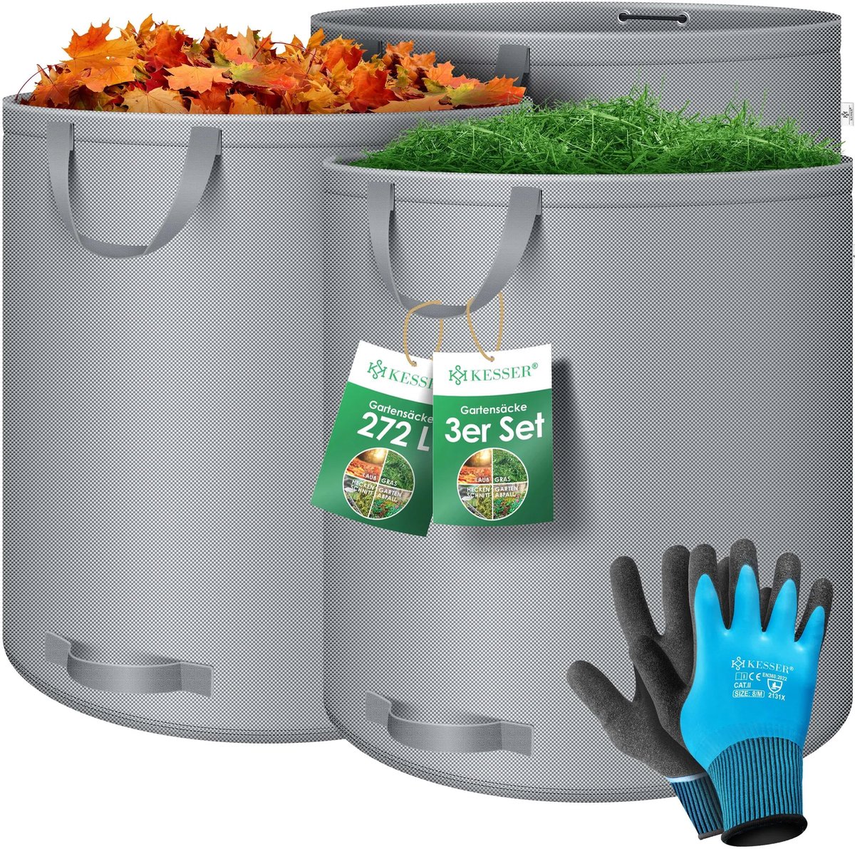 KESSER® Tuinzakset Bladzak Tuinafvalzak inclusief handschoenen - Zelfstandig 4 handgrepen Stabiel Robuust & opvouwbaar - Bladzakken Grasmaaisel Tuinzakken voor tuinafval Groenafval