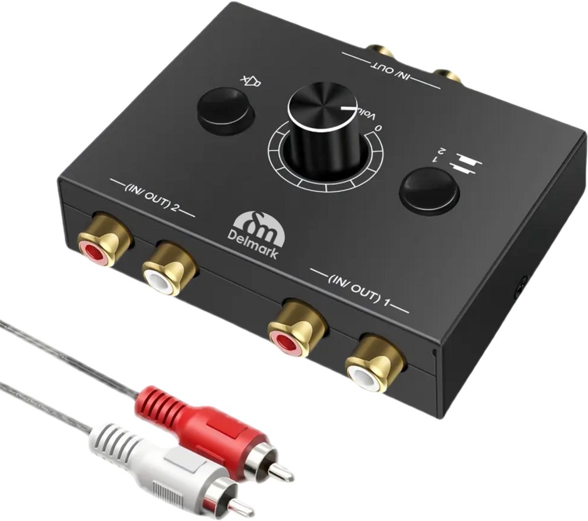 Delmark RCA Stereo Audio Schakelaar - Bi-directionele 2-in-1 R/L Audio Switcher met Mute Knop - 1 naar 2 of 2 naar 1 - Tulp Splitter en Switch