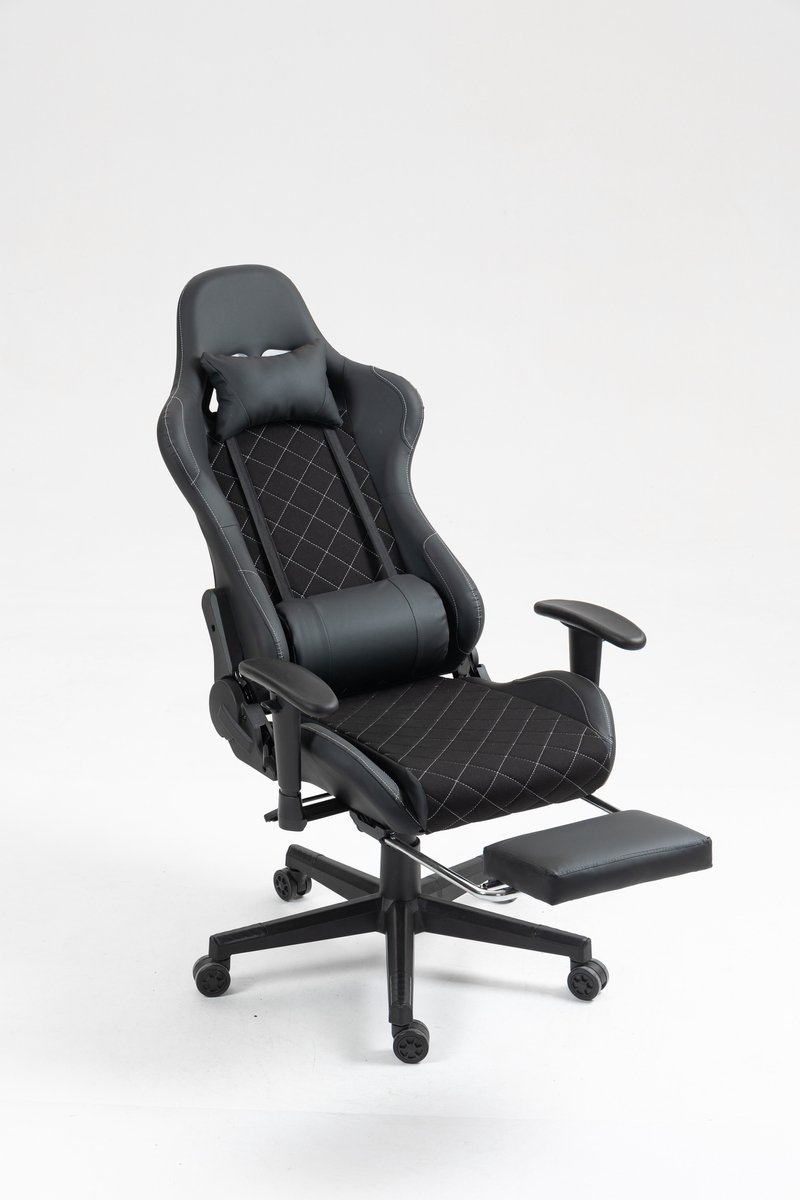 VDD Gaming - Gamestoel - Gamestoel met Voetsteun - Gamestoel Zwart - Gaming Stoel - Bureaustoel gaming - Ergonomische Bureaustoel - Met Nekkussen & Verstelbaar Rugkussen - Game stoel - Ergonomische Game Stoel - Draaistoel - Zwart