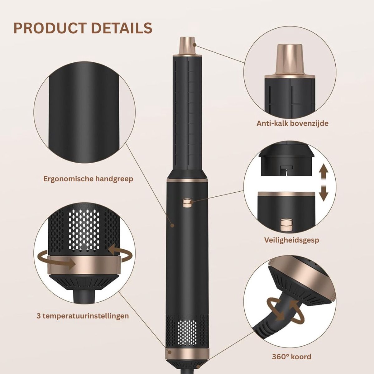 CLGP® Roterende Fohnborstel 5 in 1 Krultang Zwart - afbeelding 3