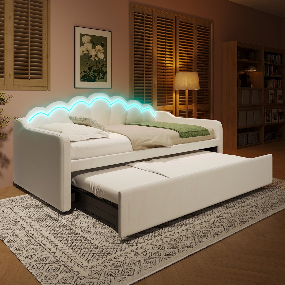 Sweiko Slaapbank - 90x200 cm (180x200 cm) met uitschuifbaar bed - Velvet - LED-strip - Zonder matras - Beige