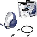 Doos en inhoud van de HyperX Cloud Jet Dual Wireless headset: blauwe headset, dongel, USB-C kabel.