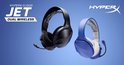 Zwarte en blauwe HyperX Cloud Jet Dual Wireless headsets naast elkaar.