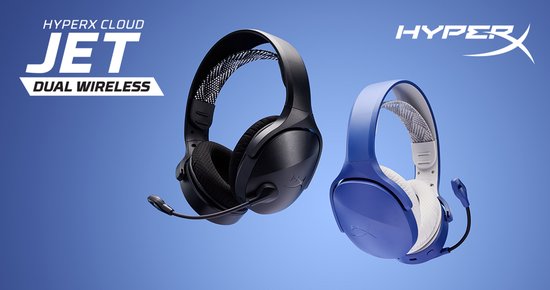 Zwarte en blauwe HyperX Cloud Jet Dual Wireless headsets naast elkaar.