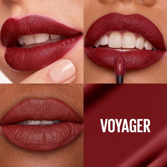 Matte rode lippenstift in de kleur Voyager, getoond op vier verschillende manieren.
