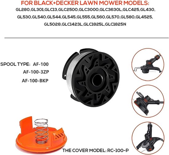 Maaidraad - 6 Stuks - trimmerdraad - Reserve draden - draadspoelen - voor Black Decker, Bekasa AF-100-3ZP en A6481 - lengte 30 ft - Vervangt spoelen uit de GL280-, GLC1825N - serie met doppen en veren - wit van Merkloos	 — afbeelding 4