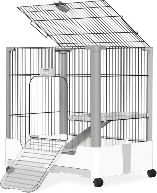 Aufun Konijnenhok Binnen, mobiele dierenkooi, draadkooi, konijnenhok voor kleine dieren met oprit, caviakooi, kooi voor kleine dieren, puppyverblijf, konijnenhok (1 verdieping)