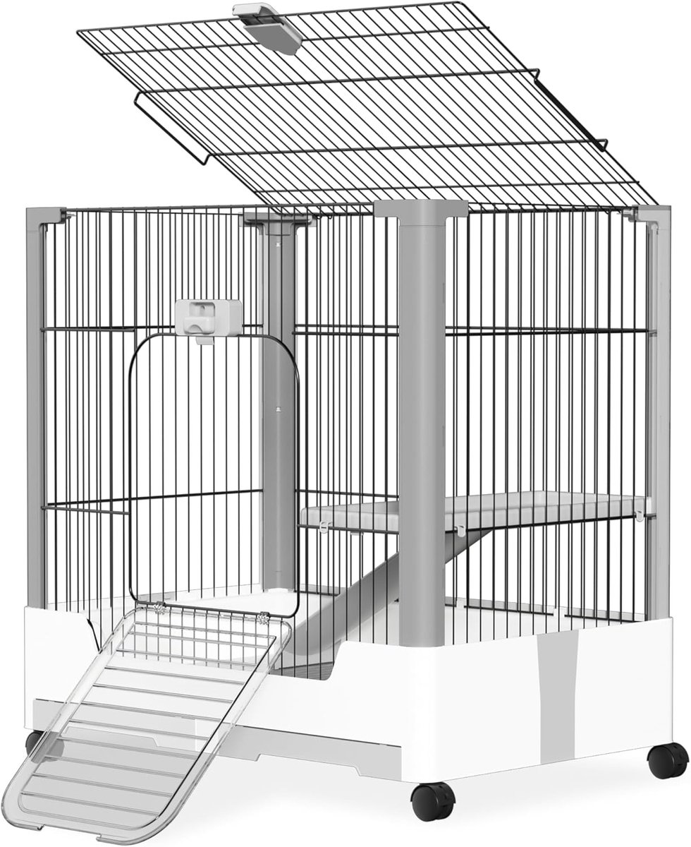 Aufun Konijnenhok Binnen, mobiele dierenkooi, draadkooi, konijnenhok voor kleine dieren met oprit, caviakooi, kooi voor kleine dieren, puppyverblijf, konijnenhok (1 verdieping)