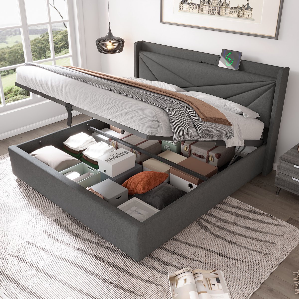 Merax Gestoffeerd Tweepersoonsbed 160x200 cm - Bed met Opbergruimte en USB Type-C - Bedframe van Katoen Linnen - Grijs