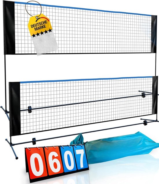 Relaxdays badminton net adjustable up to 225 cm, beach and park, volleyball net with poles, with bag, sports net, black/blue