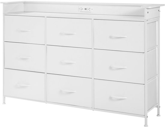 Commode à 9 tiroirs, structure en métal robuste, Siècle des Lumières LED et prise de courant intégrée