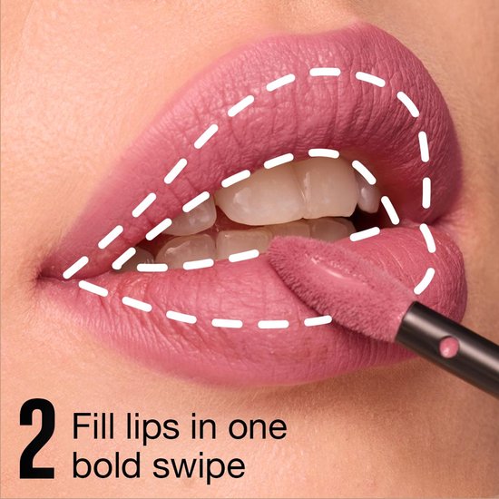 Close-up van lippen met gestippelde contourlijn, applicator brengt roze lipstick aan.