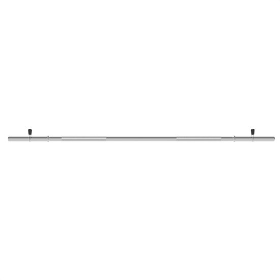Een zilverkleurige halterstang van 150 cm met aan weerszijden een zwarte veersluiting.