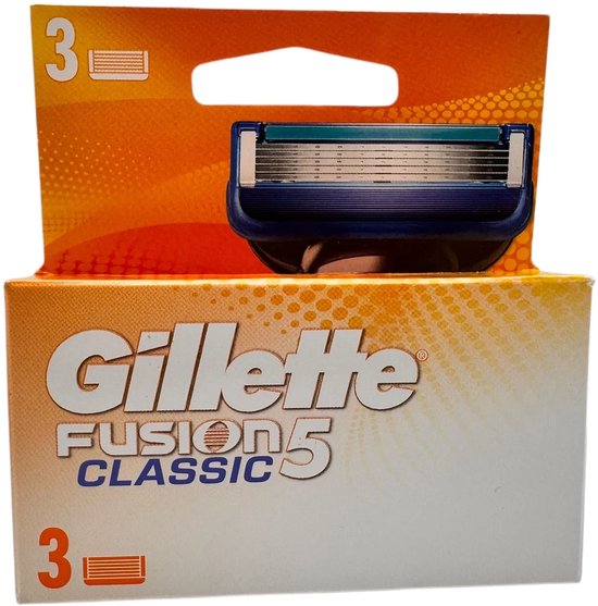 Verpakking met 3 Gillette Fusion5 Classic scheermesjes. De verpakking is oranje en wit met het Gillette logo.