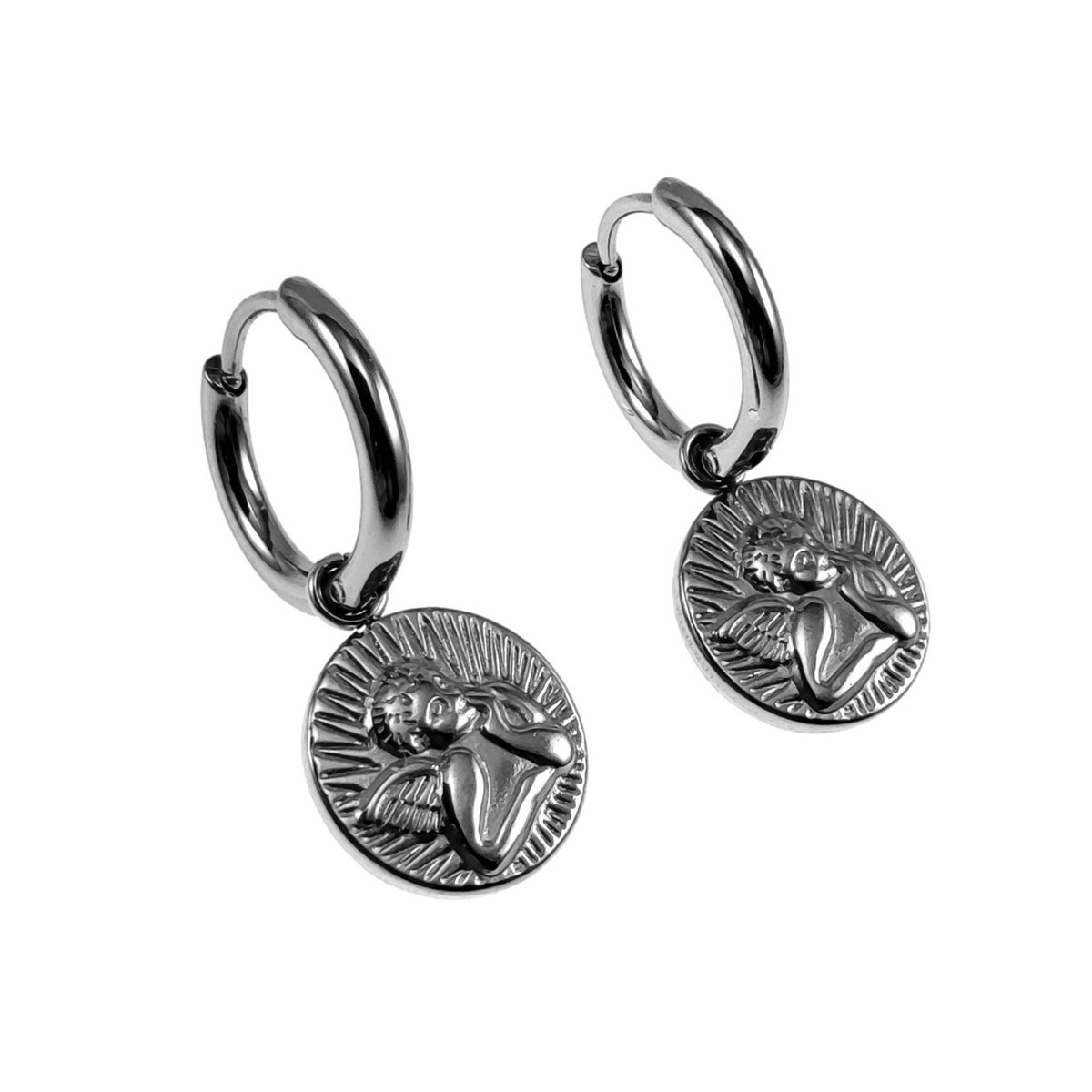 ∅16mm x 2mm Oorringen Dames - Gepolijst RVS - Oorbellen met Beschermengel Hanger