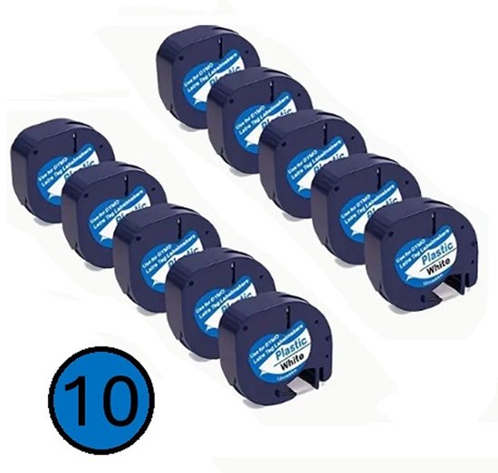 Dix rouleaux d'étiquettes bleus DYMO LetraTag avec 'Plastic White' et '10' dans un cercle.