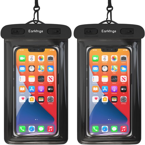 Twee zwarte, waterdichte telefoonhoesjes met iPhone scherm, EarKings logo en transparant venster.