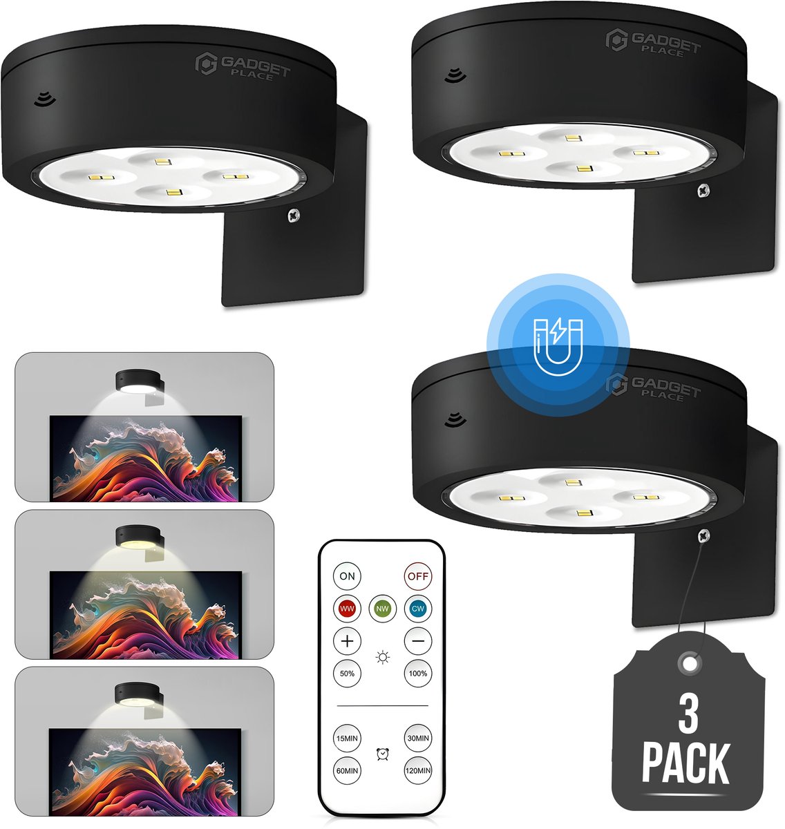 Gadgetplace Schilderijverlichting met Afstandsbediening - 3 Stuks - Dimbaar - Draadloze Wandlamp - Schilderijlamp Oplaadbaar - Spiegellamp
