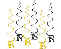 Q2Party - 18 Jaar Swirl - Slinger - Leeftijd - Versiering - Verjaardag - decoratie - Feest - Hangdecoratie - Goud/Zwart – 6 stuks