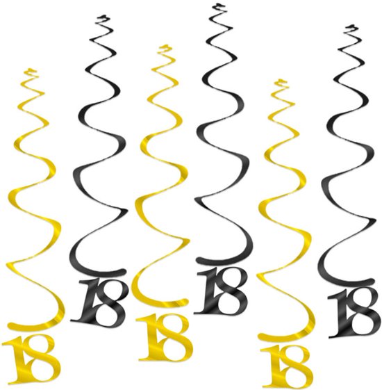 Q2Party - 18 Jaar Swirl - Slinger - Leeftijd - Versiering - Verjaardag - decoratie - Feest - Hangdecoratie - Goud/Zwart – 6 stuks