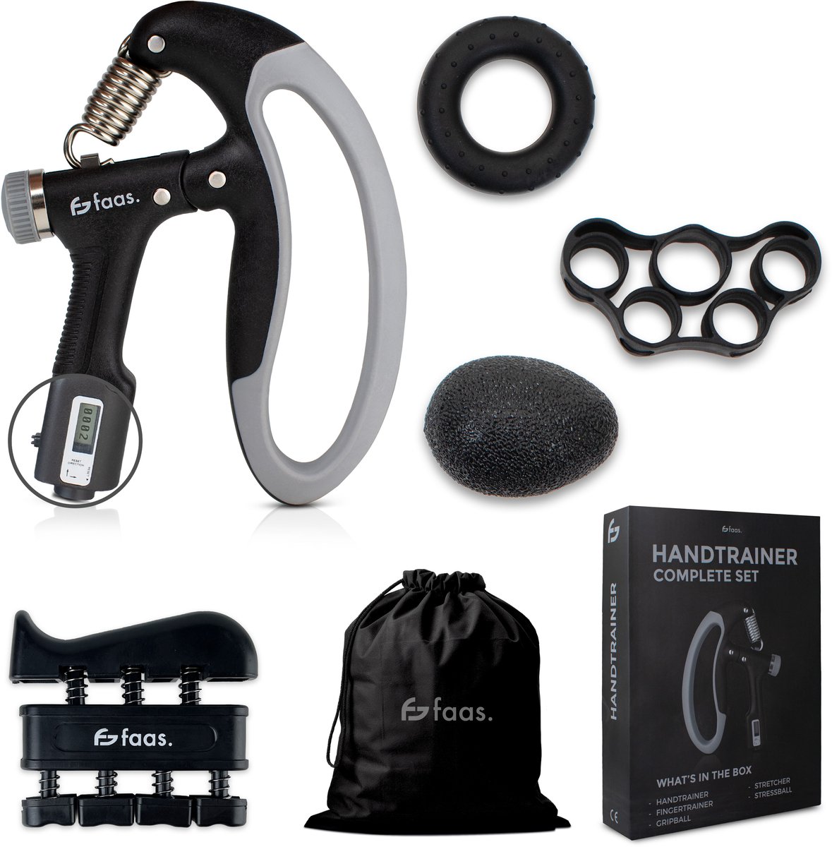 Handtrainer - 5-delige Set - Handknijper - Handtrainer Set - 10 tot 100KG - Stressbal, Knijphalter, Stretcher & Grip bal - Verstelbare Handtrainer - Faas