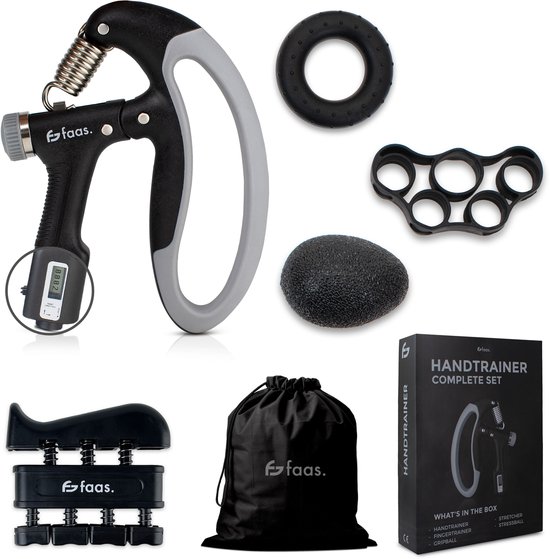 Handtrainer – 5-delige Set – Handknijper – Handtrainer Set – 10 tot 100KG – Stressbal, Knijphalter, Stretcher & Grip bal – Verstelbare Handtrainer – van Faas