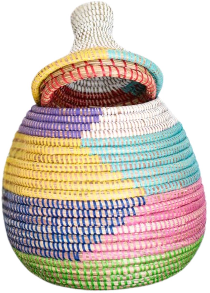 Dhah gekleurd Opbergmandje met Deksel – Regenboog Kleuren – Decoratief & Duurzaam – Mand van Natuurlijke Materialen