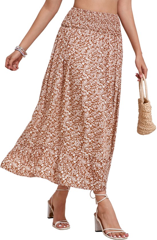 Lange maxi-rok voor dames, elastische taille, zomerrok met bloemenprint, A-lijn, elegante geplooide rok met ruches aan de zoom.