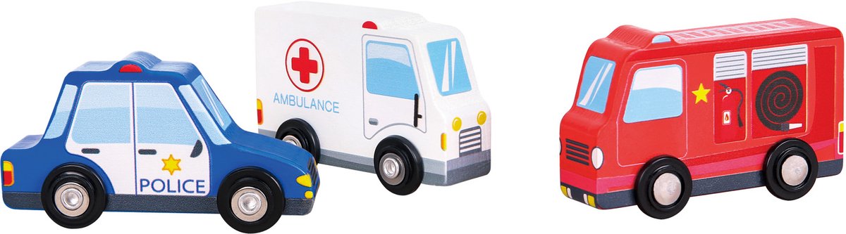 Woet® Houten Voertuigenset - 3 Speelgoed Auto's - Politie, Brandweer en Ambulance - Speelgoedvoertuigen Hulpdienst - Vanaf 18 Maanden — afbeelding 2