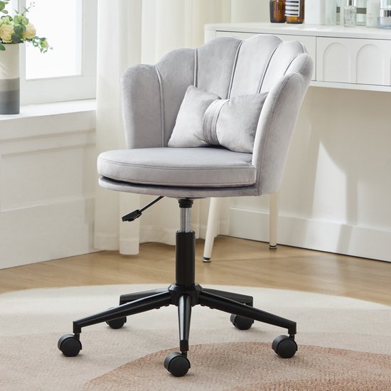 Chaise de bureau - chaise de maquillage - ergonomique - chaise en velours avec dossier en pétales - réglable en hauteur - chaise pivotante à roulettes - Grijs