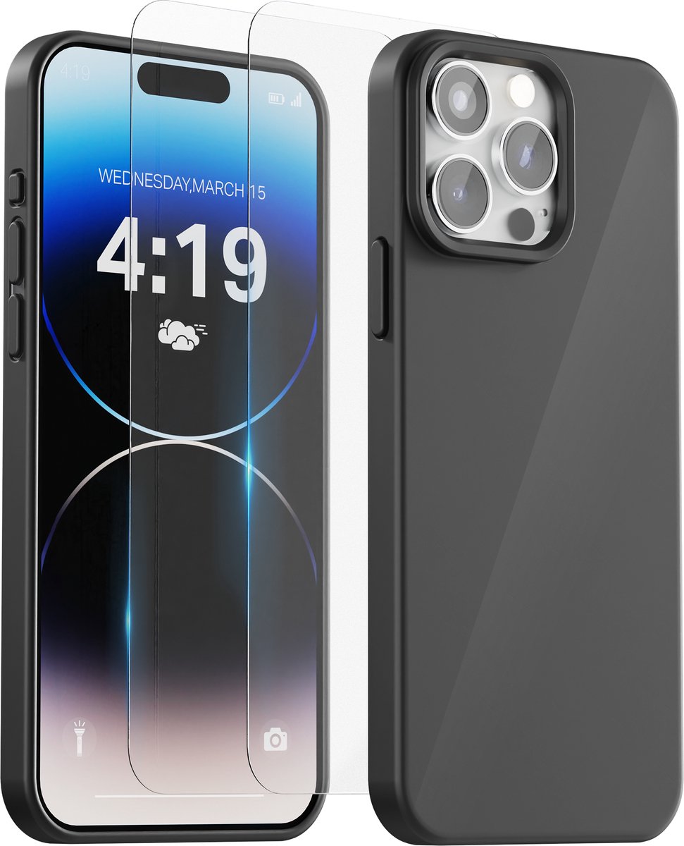 Hoesje Geschikt voor iPhone 14 Pro Max - 2x Screenprotector tempered glass - Anti Shock silicone case - Zwart