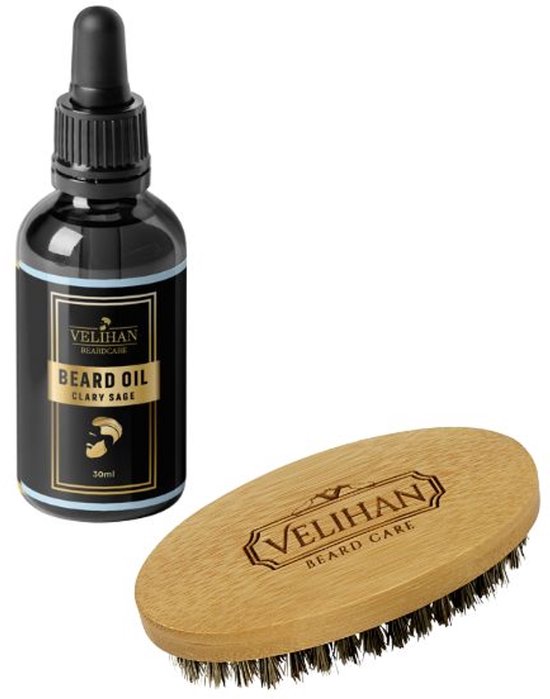Velihan Beardcare - Kit barbe - Huile de barbe Clary Sage 30ml - Brosse à barbe - Coffret de Soin de la barbe de barbe - Cadeau pour lui - Soin de la barbe - Huile à barbe - Cadeau pour ami - Croissance de la barbe - Cadeau parfait pour homme
