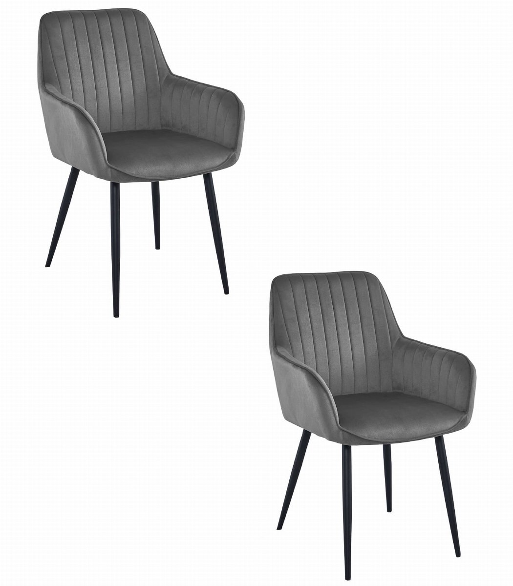 SOLDEN Velvet Design Stoelen – Set van 2 – Donkergrijs Fluweel – Zwarte Metalen Poten – Met Armleuningen – Modern & Ergonomisch
