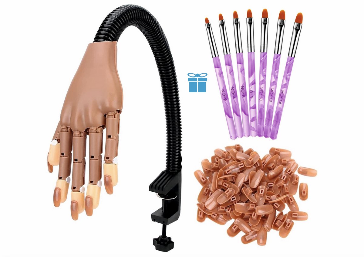 AUM® Oefenhand voor nagels – Inclusief 7 Gratis Acryl Penselen + 100 Oefennagels + Tafelklem – Flexibele Hand op Ware Grootte