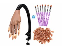 AUM® Oefenhand voor nagels – Inclusief 7 Gratis Acryl Penselen + 100 Oefennagels + Tafelklem – Flexibele Hand op Ware Grootte