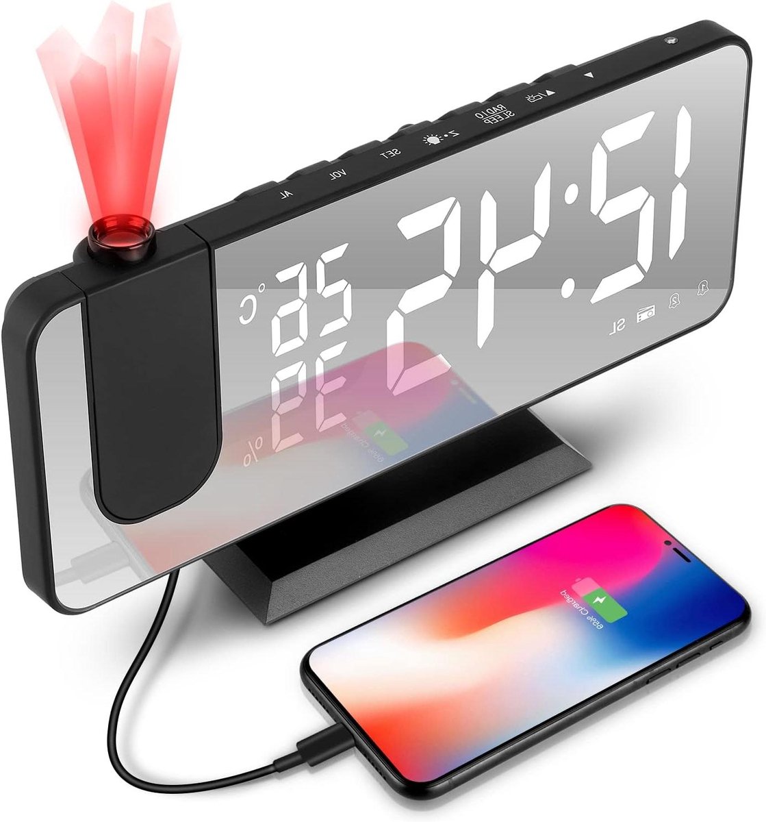 Projectiewekker met projectie 180 graden, USB-aansluiting en groot LED-display