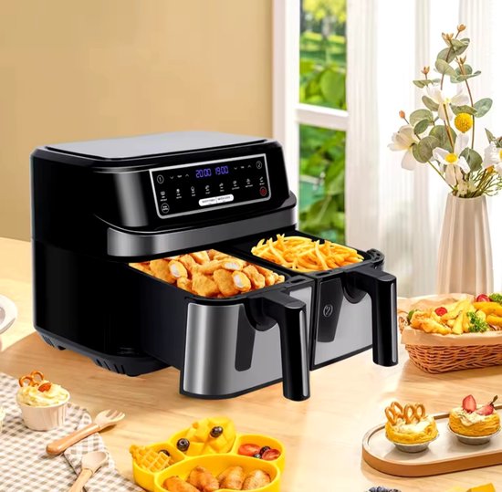 TurboTronic Heteluchtfriteuse, XXL, dubbele airfryer, 1600 W/9 l (2 x 4,5 l kamer), 10 programma's, digitale heteluchtfriteuse zonder vet, olie, dubbele luchtfriteuse, Air friteuse, Power Black TurboTronic Heteluchtfriteuse, XXL, dubbele airfryer, 1600 W/9 l (2 x 4,5 l kamer), 10 programma's, digitale heteluchtfriteuse zonder vet, olie, dubbele luchtfriteuse, Air friteuse, Power Black