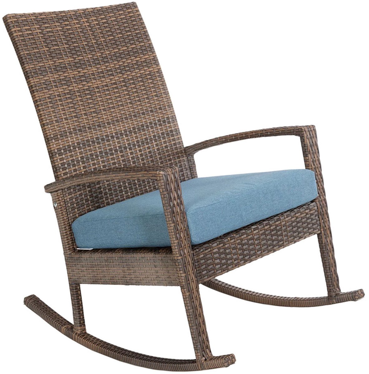 Luna Rocking chair - Schommelstoel buiten - Bruin poly rattan - Blauw Kussen - Tuinstoel schommelstoel - tuinmeubelen - loungemeubel outdoor voor terras, balkon, wintertuin