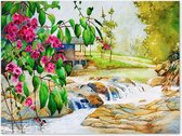 Graphic Message - Tuin Schilderij op Outdoor Canvas - Thailand - Huis bij Rivier - Bloemen - Buiten